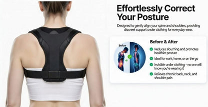 Invisible Posture Corrector worn on model showing improved posture and reduced slouching